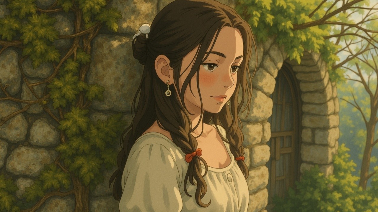 Young woman in cream dress with braided hair and ribbons