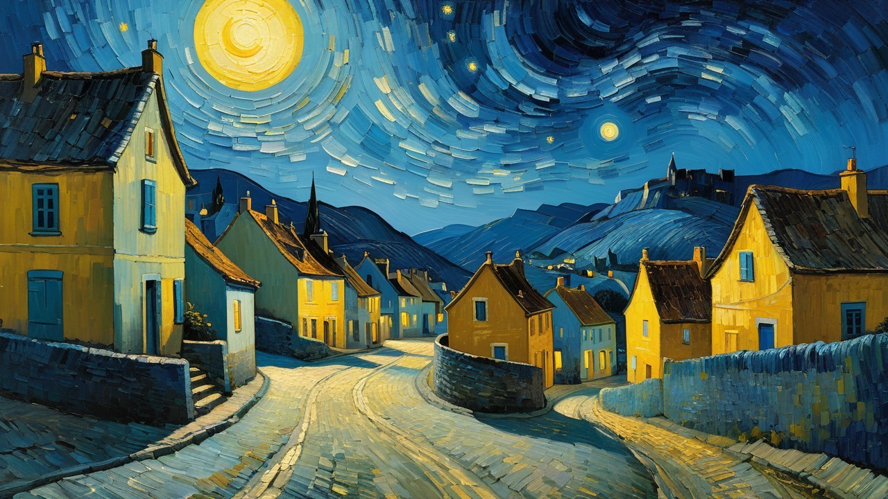 Vibrant Night Scene of a Quaint Village Under Stars