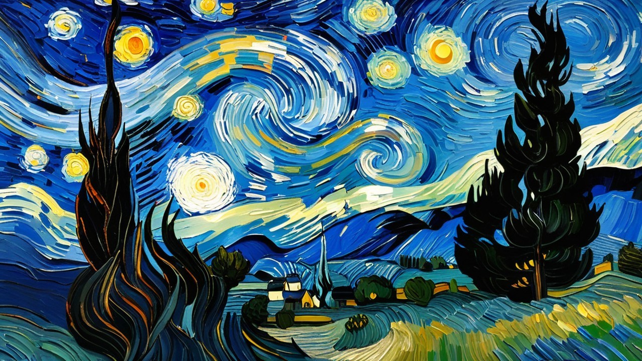 Vibrant Night Sky Over Tranquil Village Landscape