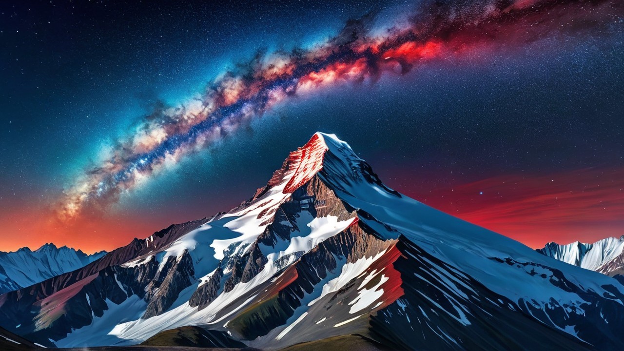Twilight Landscape with Snow-Capped Mountain and Galaxy