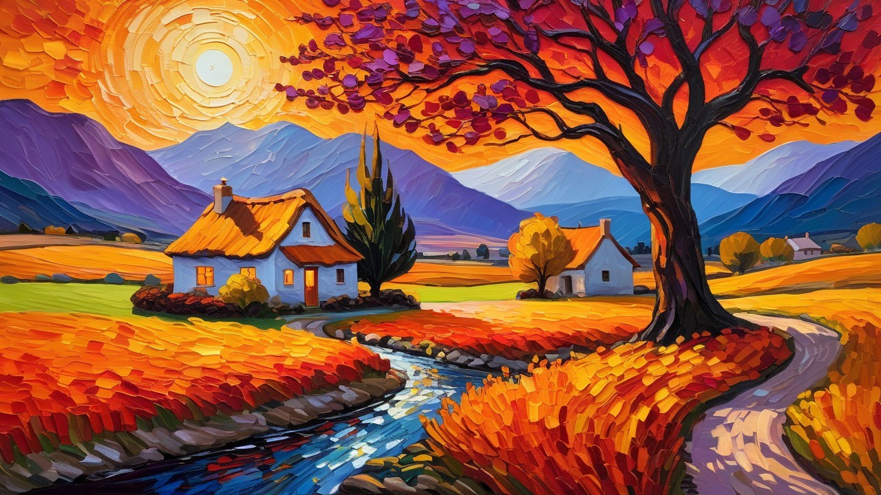 Vibrant Autumn Landscape with Cottages and Stream