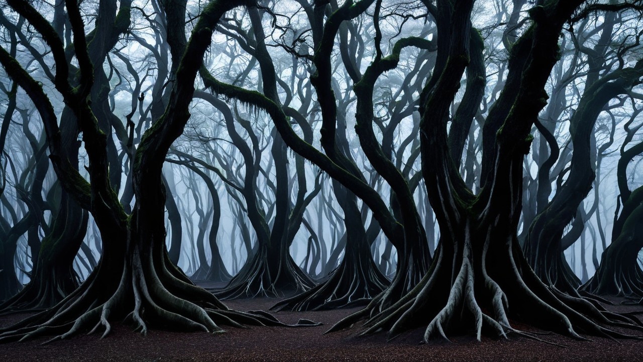 Mysterious Foggy Forest with Twisted Trees and Moss