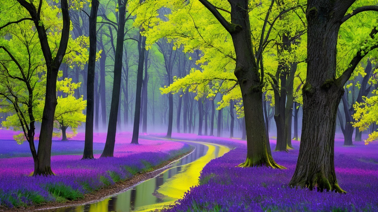 Serene forest scene with vibrant trees and flowers