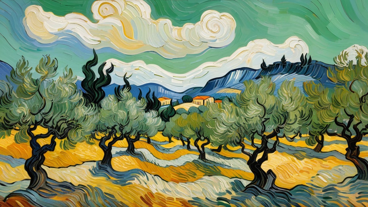 Vibrant Landscape with Olive Trees and Rolling Hills