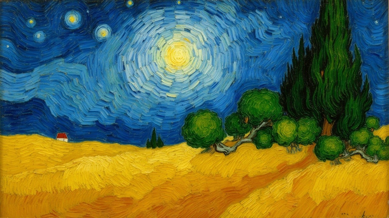 Vibrant Night Sky with Wheat Fields and Red-Roofed House