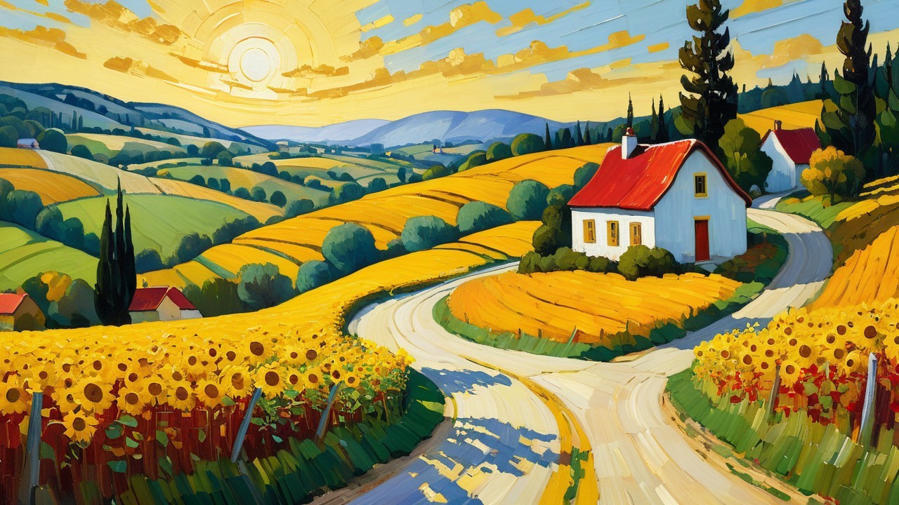 Vibrant Landscape with Rolling Hills and Sunflowers