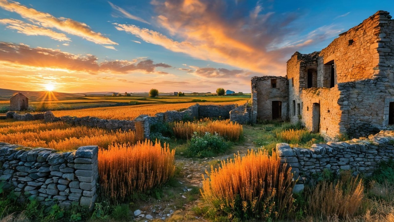 Sunset Over Ruins with Vibrant Fields and Wildflowers
