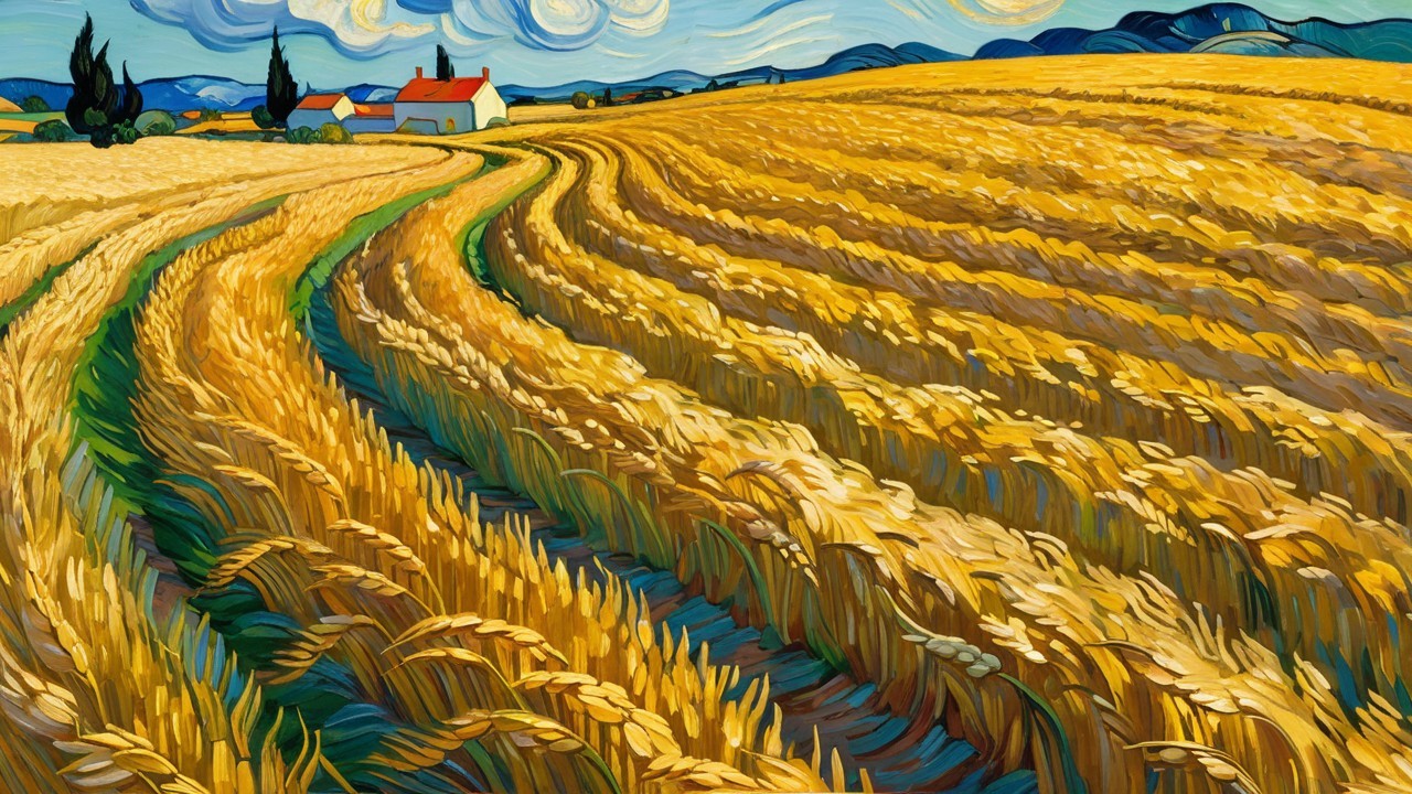 Vibrant Wheat Fields with Quaint House and Dramatic Sky