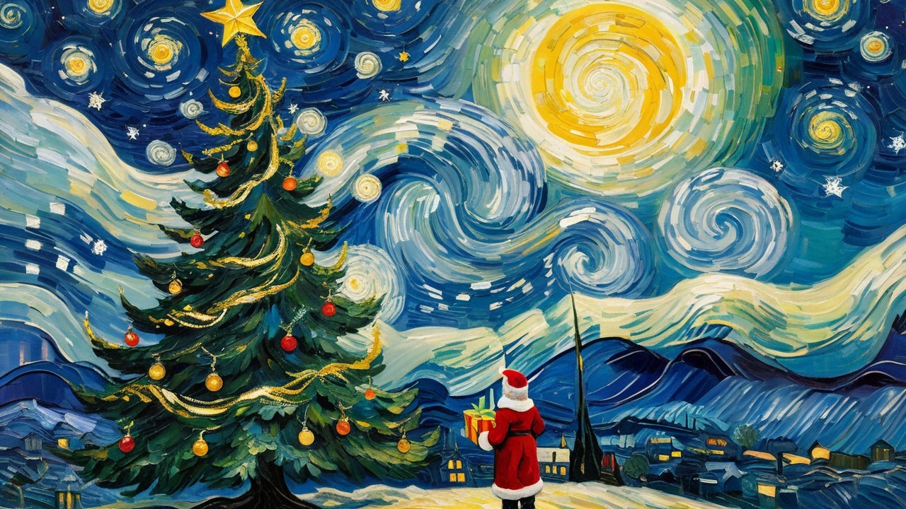 Starry Night-Inspired Christmas Scene with Santa