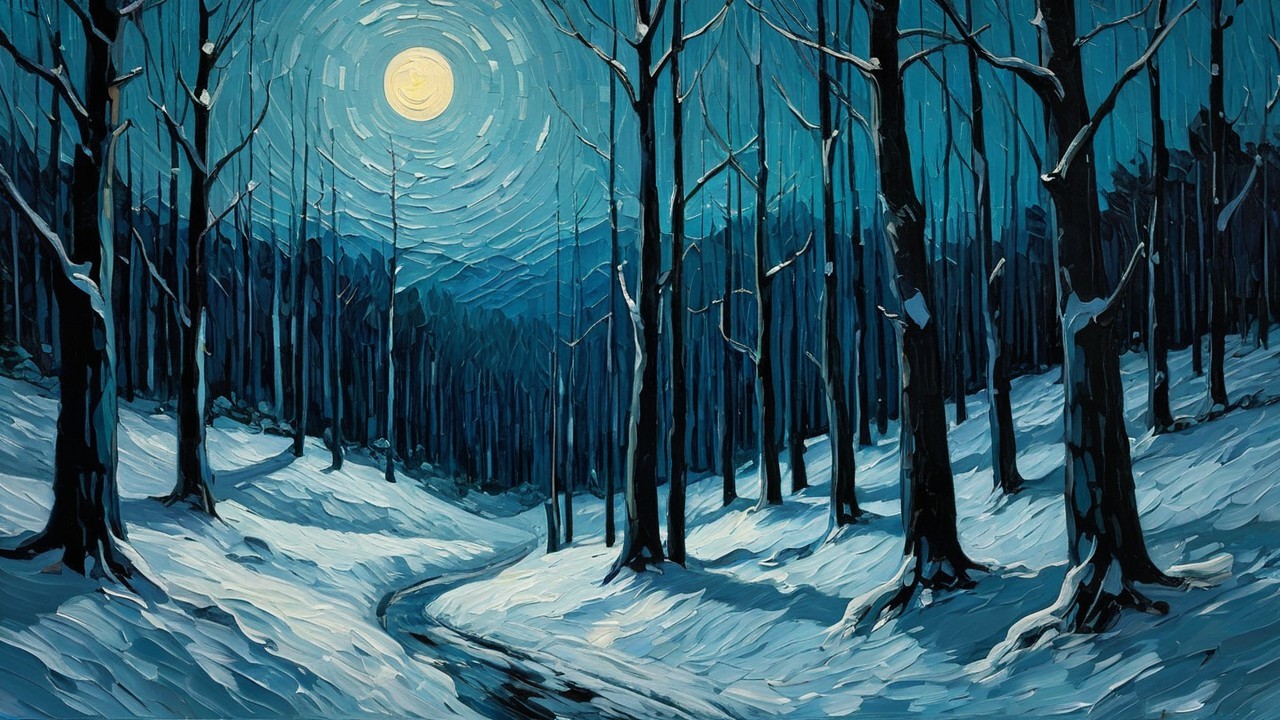 Serene Winter Landscape Under Full Moonlight