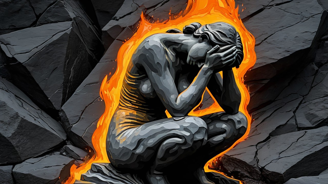Stylized statue of a sorrowful woman in darkness