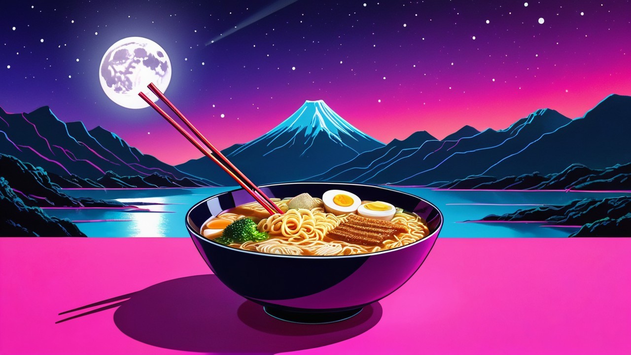 Vibrant Ramen Bowl in Surreal Landscape with Mount Fuji