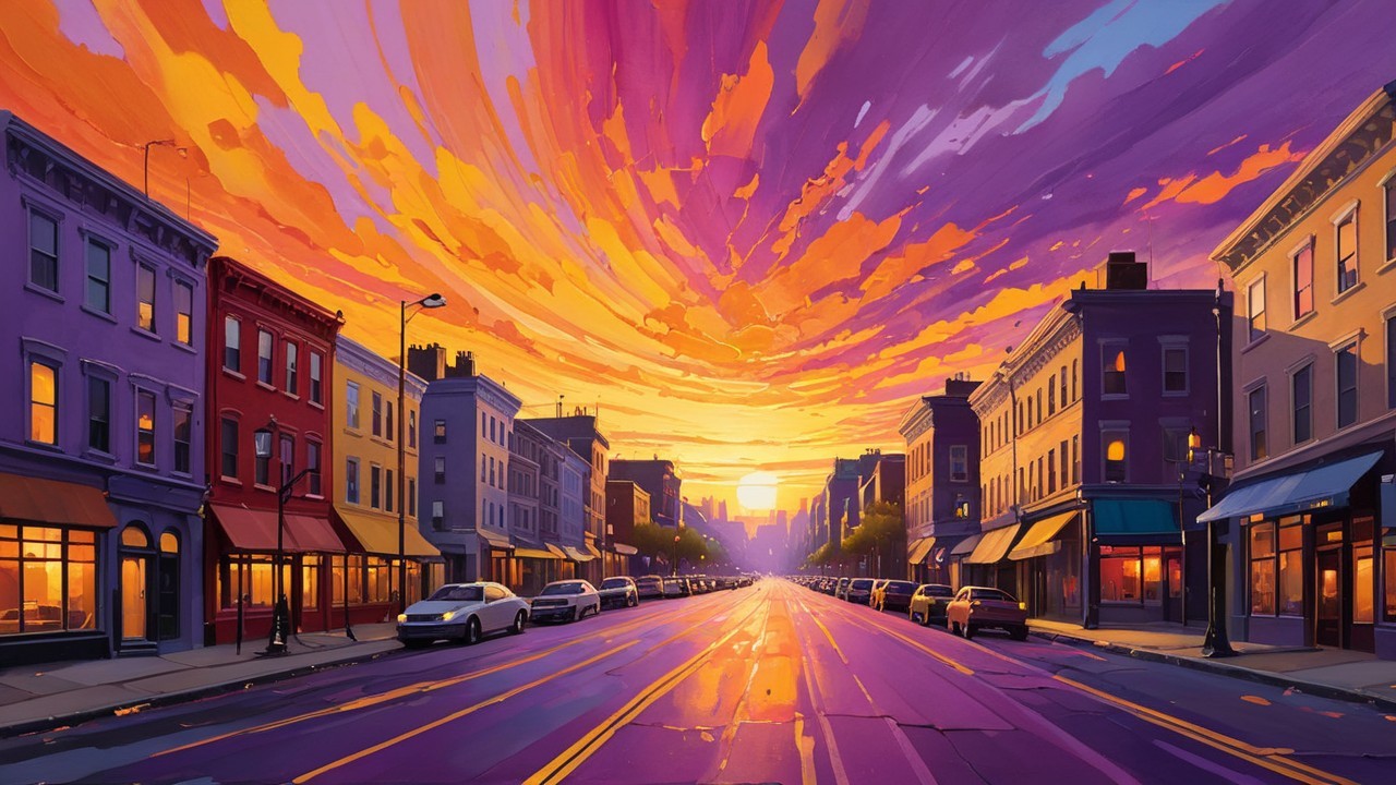 Vibrant Sunset Street Scene with Colorful Buildings