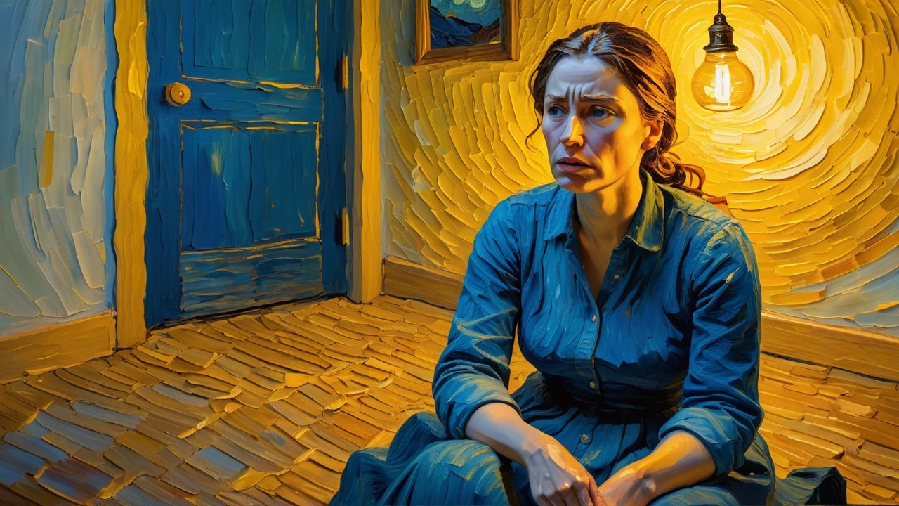 Woman in blue dress in dimly lit room with swirls