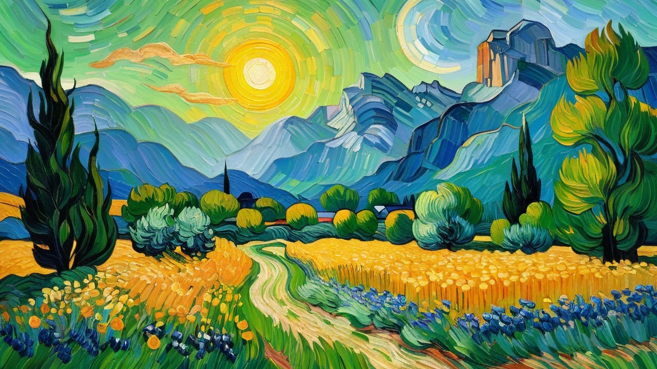 Vibrant Landscape with Winding Path and Rolling Hills