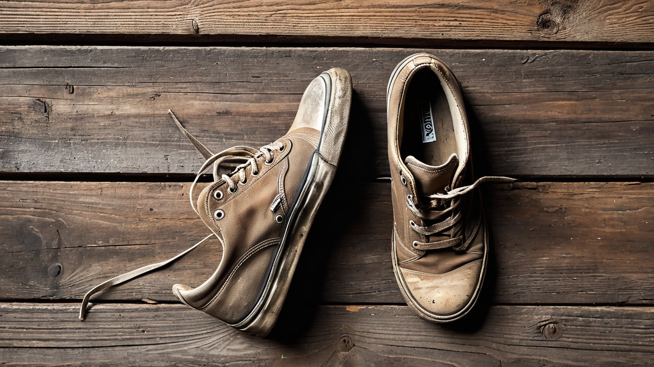Worn Brown Sneakers on Rustic Wooden Floor