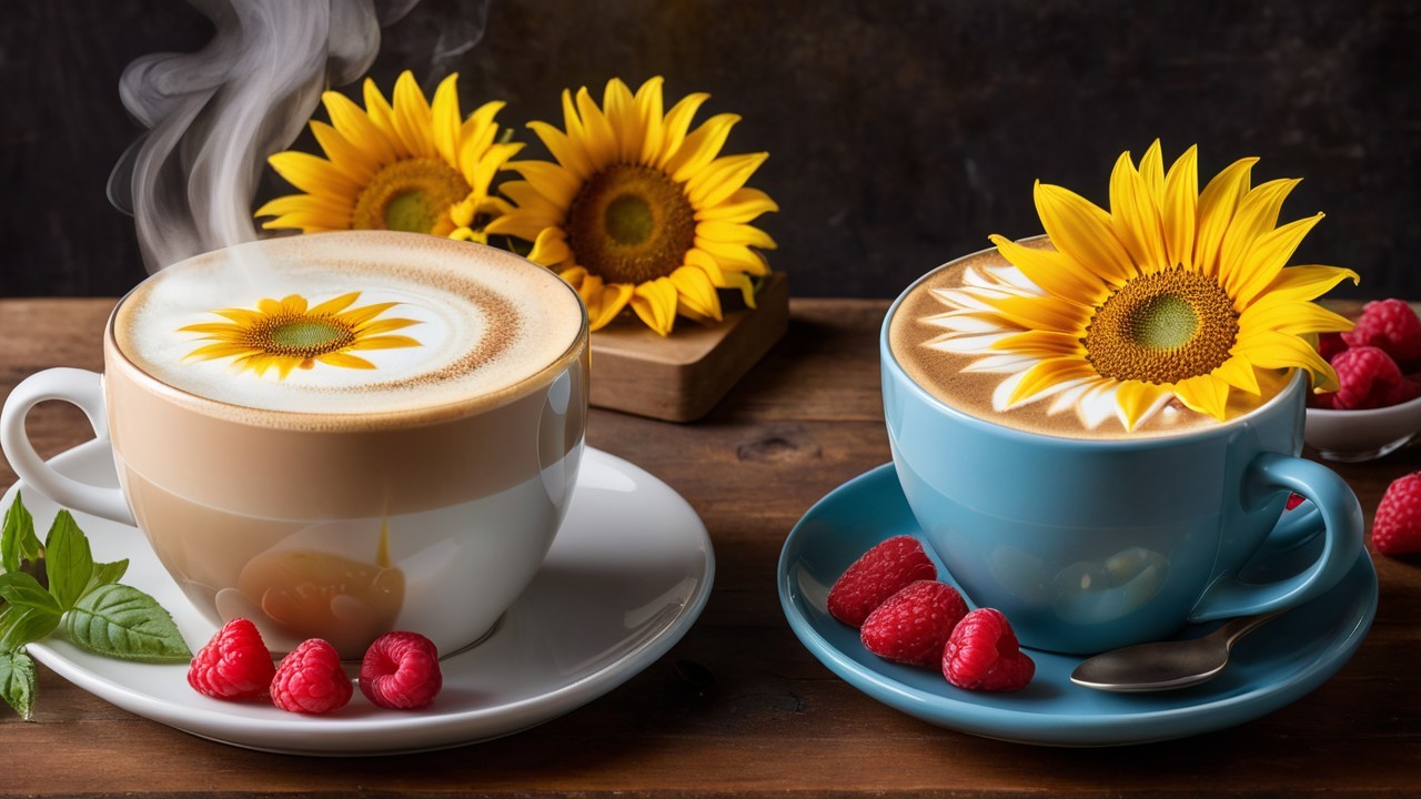 Charming Coffee Cups with Sunflower Designs and Raspberries