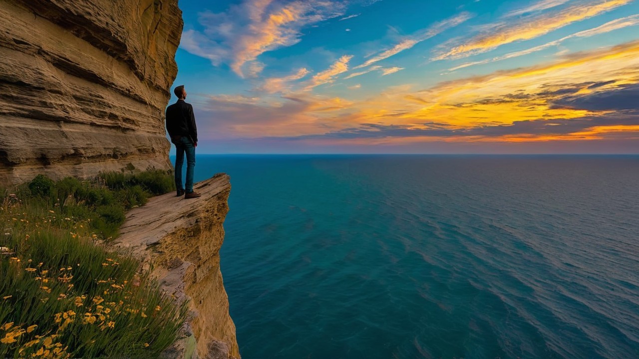 Silhouette on Cliff Overlooking Vibrant Ocean Sunset