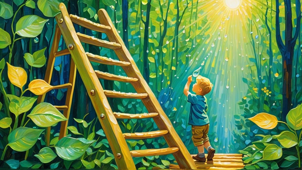 Young boy at ladder in sunlit forest setting