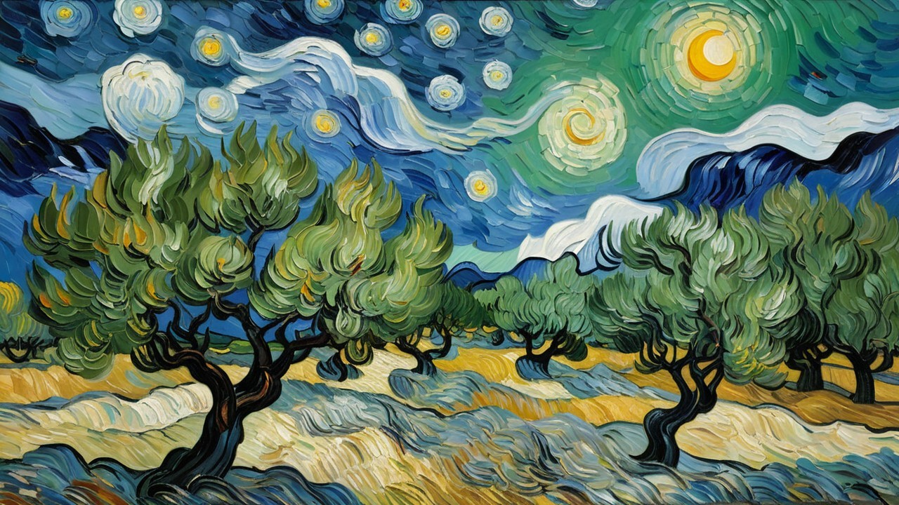 Vibrant Night Sky with Stars and Olive Trees Landscape