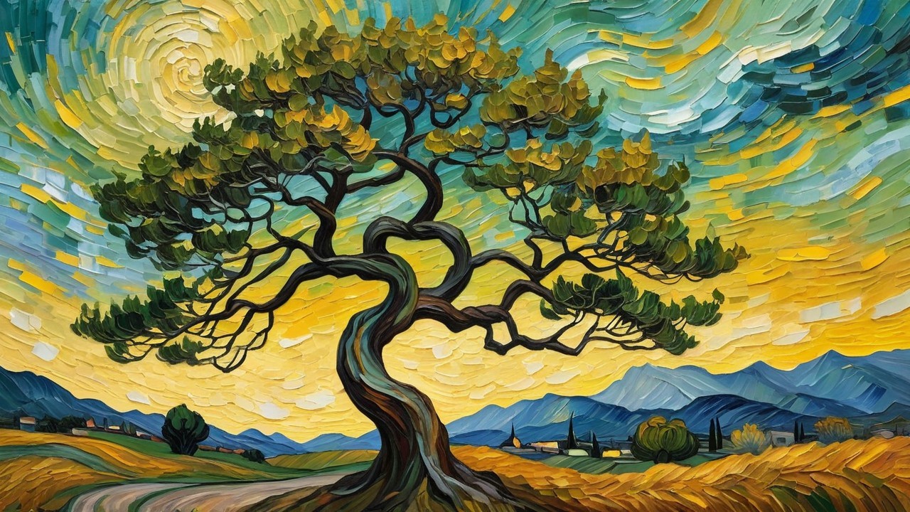 Impasto Painting of a Gnarled Tree and Dramatic Sky