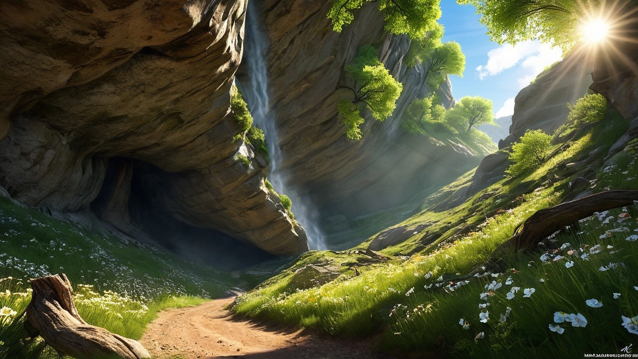 Lush Green Valley with Waterfall and Wildflowers