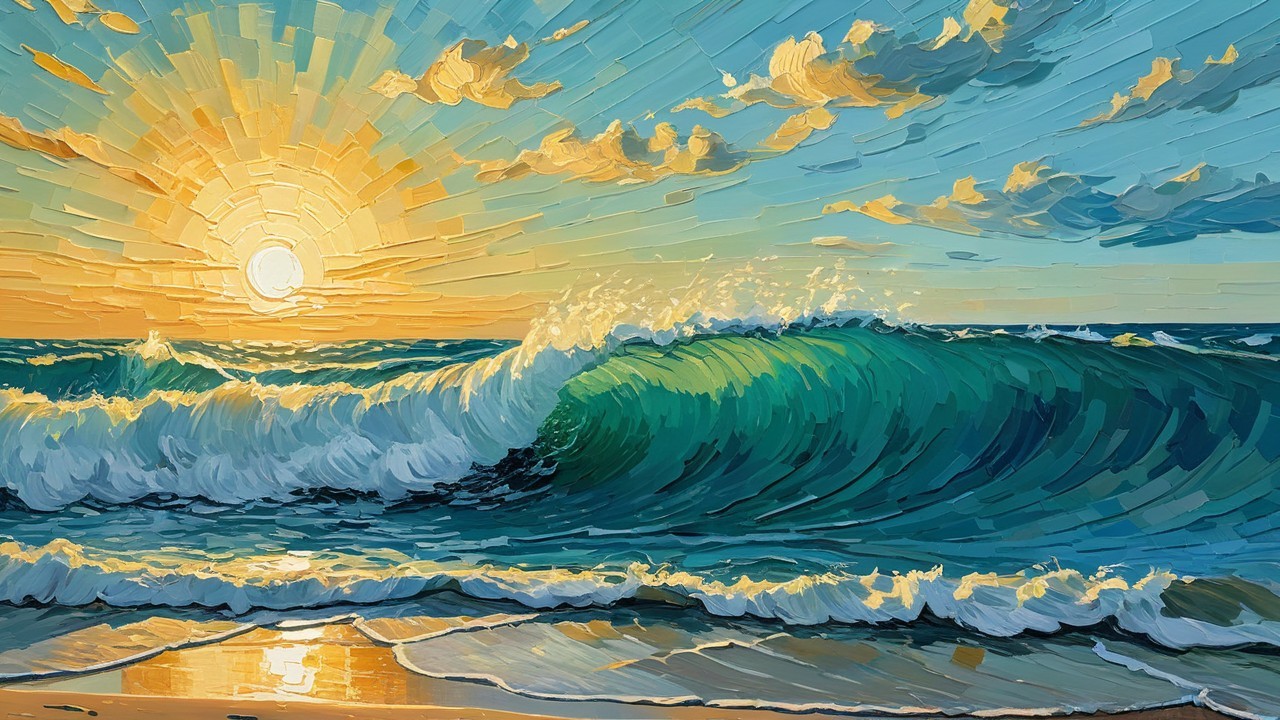 Vibrant Seascape with Dynamic Waves and Sunrise Glow