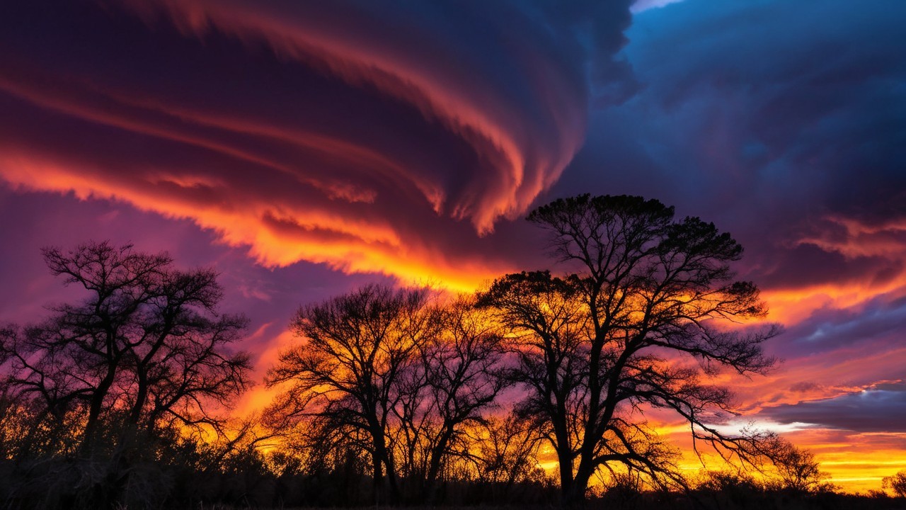 Vibrant Sunset with Silhouetted Trees and Clouds