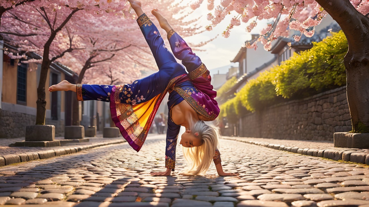 Dancer in Traditional Outfit Performs Handstand Outdoors