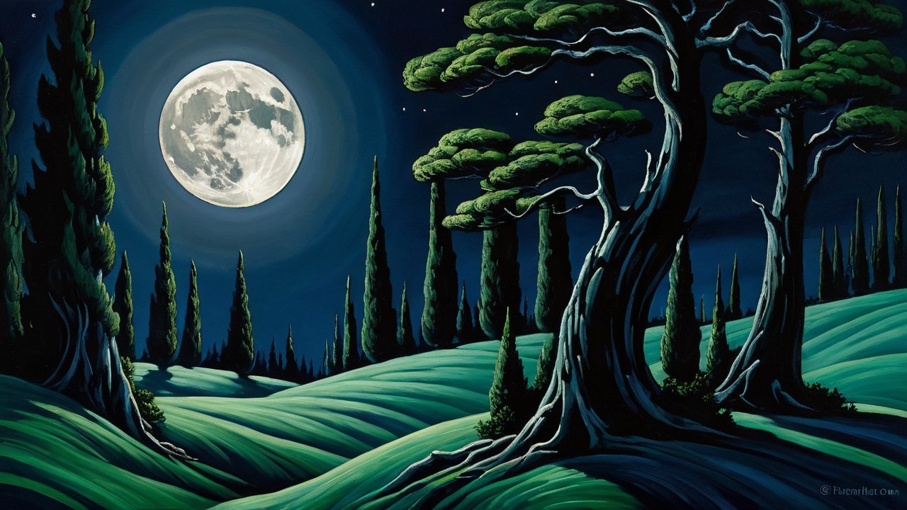 Luminous Full Moon Over Rolling Green Hills and Trees