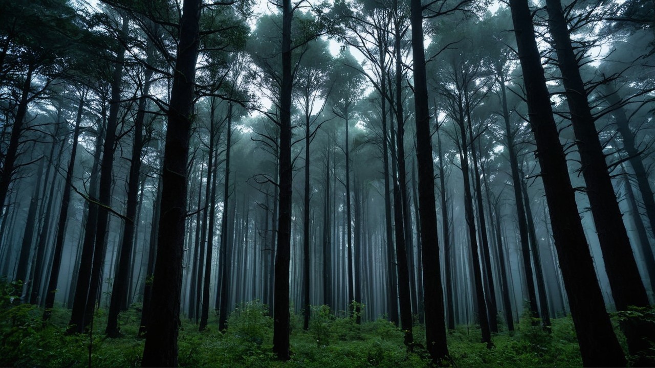 Dense Misty Forest with Tall Trees and Lush Undergrowth