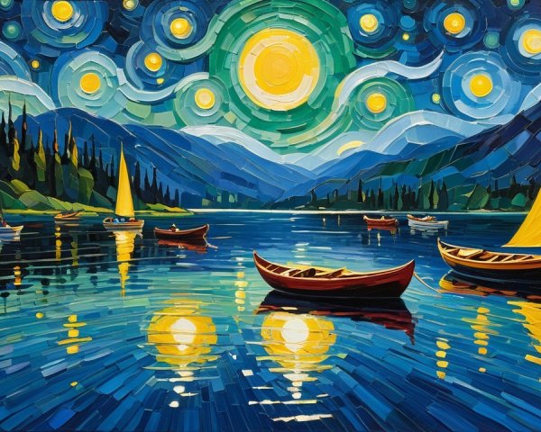 Impressionistic Night Scene with Boats and Moonlight