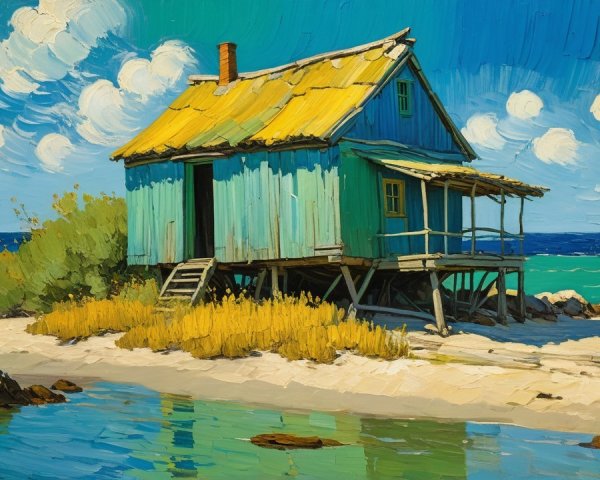 Vibrant Oil Painting of Rustic Beach Hut on Stilts