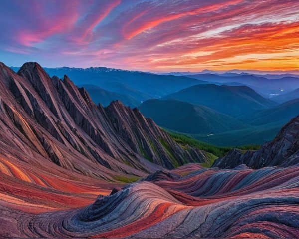 Colorful Rock Formations and Majestic Mountains at Sunset