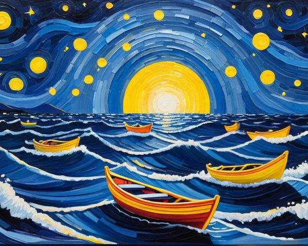 Van Gogh Style Ocean Scene with Starry Sky and Boats