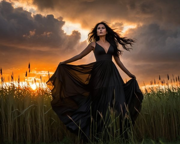 Woman in Black Dress Amidst Sunset Field