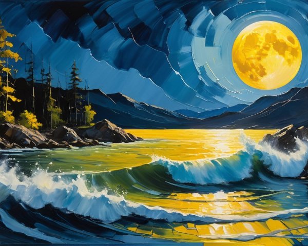 Vibrant Night Scene with Full Moon and Serene Landscape
