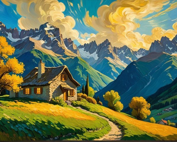 Stone Cottage in a Vibrant Landscape at Sunset