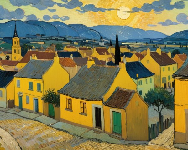 Vibrant Village Landscape at Sunrise with Rolling Hills