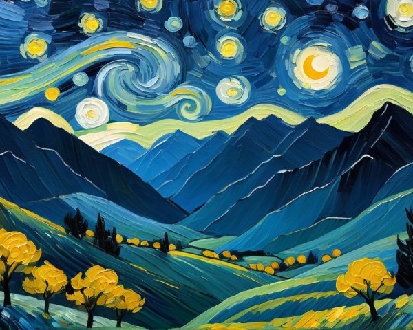 Vibrant Landscape with Swirling Stars and Moon