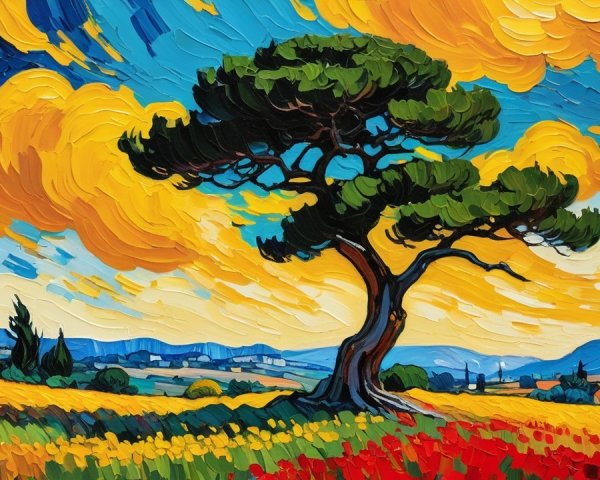 Vibrant Impasto Oil Painting of a Landscape Scene