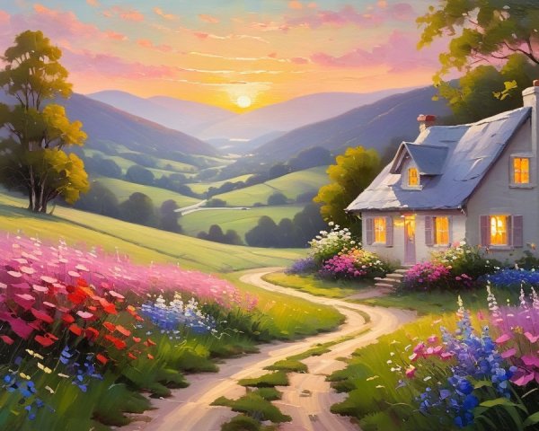 Serene Countryside Scene with Cottage and Sunset