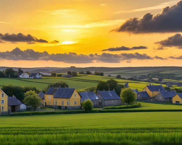 Picturesque Rural Landscape at Sunset with Houses