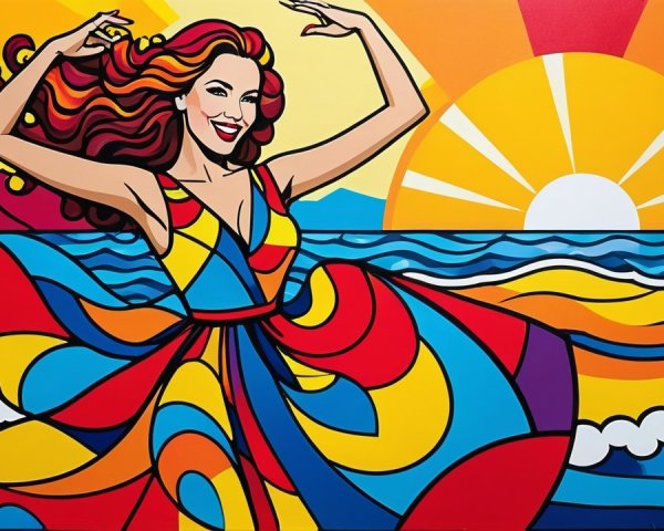 Colorful Mural of Woman Dancing by the Ocean at Sunset