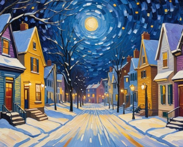 Impressionistic Winter Scene with Colorful Houses