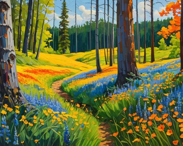 Vibrant Landscape with Pathway and Colorful Wildflowers