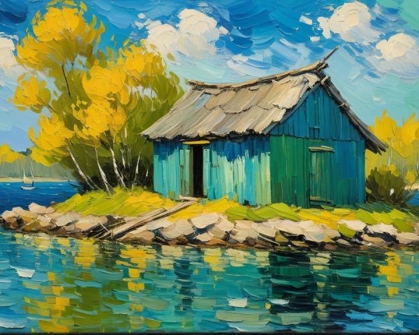 Impressionist Oil Painting of Vibrant Lake Landscape
