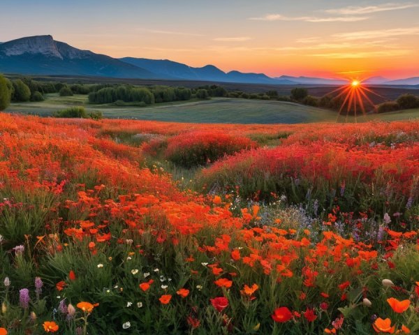 Vibrant Sunset Over Wildflower Field and Mountains