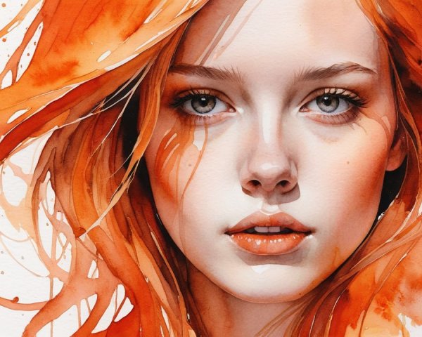 Watercolor Portrait of a Young Woman with Orange Hair