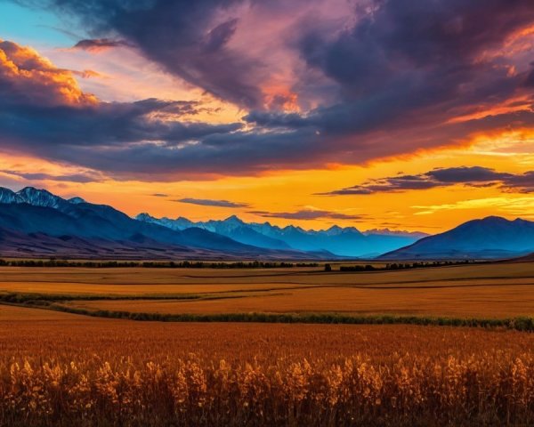 Golden Fields and Snow-Capped Mountains at Sunset
